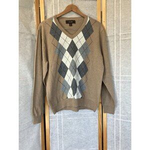 Preppy Classic Tasso Elba Mens Sweater Beige Knit Argyle V Neck Cotton Medium